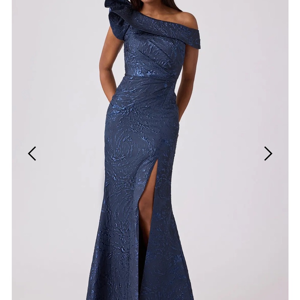 Terri Jon Swirl Jacquard Ruffle Gown - Navy Saphire